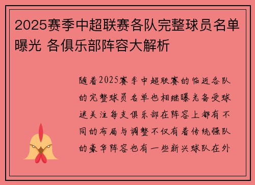 2025赛季中超联赛各队完整球员名单曝光 各俱乐部阵容大解析